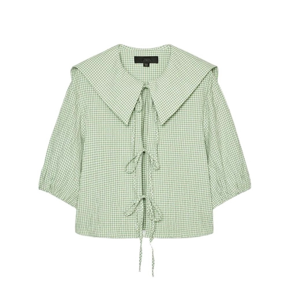 SOLD NWT Zara Gingham Crop Tie Front Peter Pan Collar Shirt Top in Green Size M